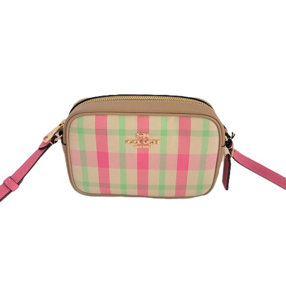 Coach CBM37 Mini Jamie Signature Plaid Camera Bag Crossbody Handbag Pink Multi - Picture 1 of 7